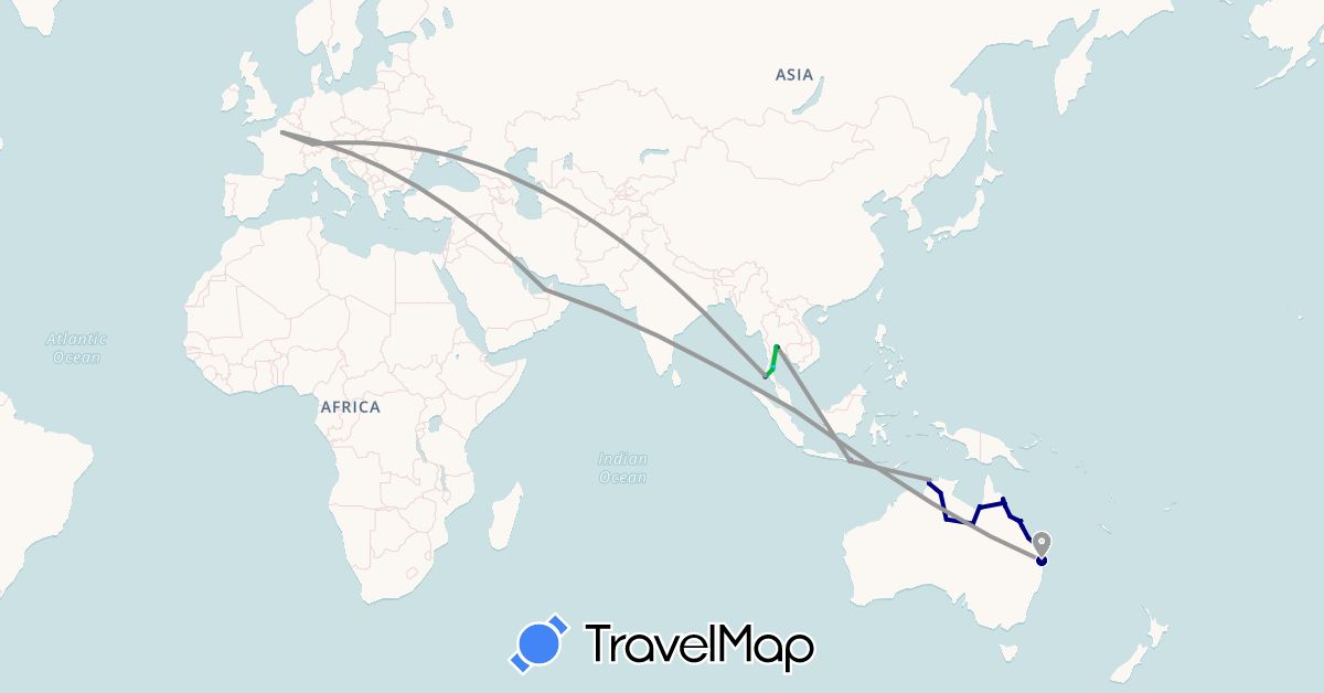 TravelMap itinerary: driving, bus, plane, hiking, boat in United Arab Emirates, Australia, Switzerland, France, Indonesia, Singapore, Thailand (Asia, Europe, Oceania)